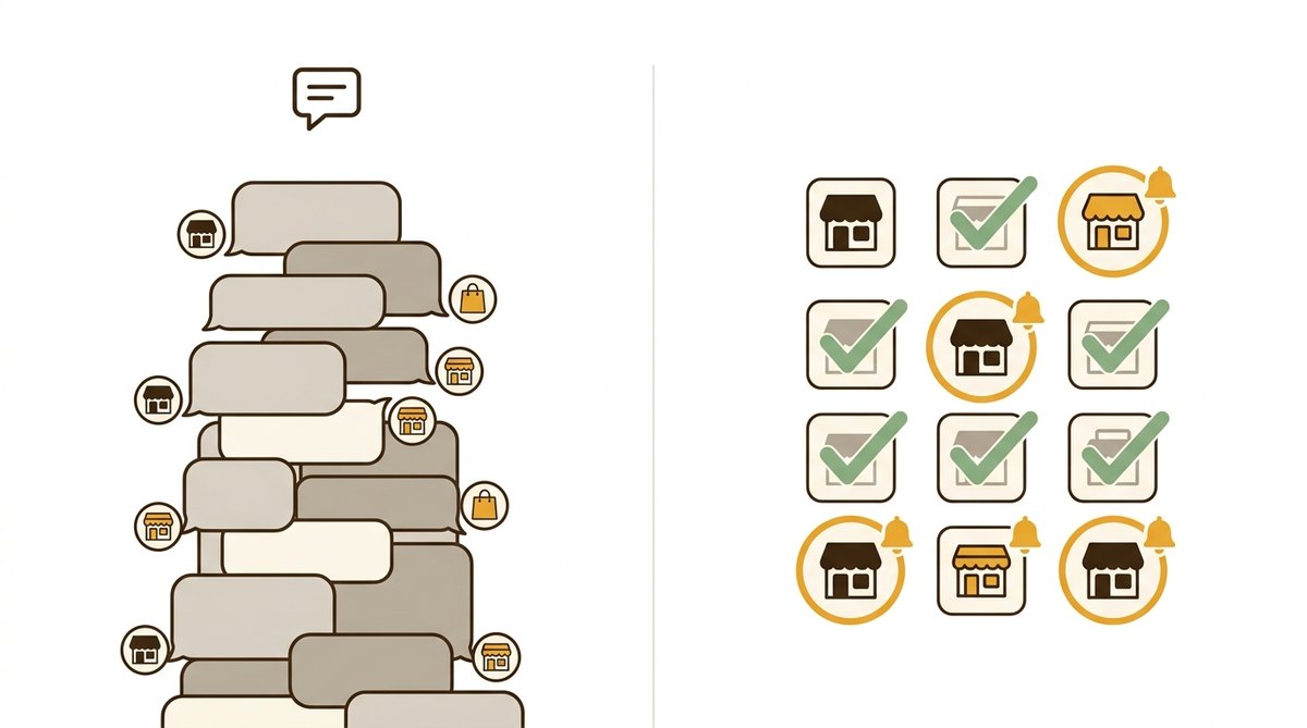 左：チャットは報告が流れて積み上がる。右：アラモは答えた人と答えていない人が分かれる